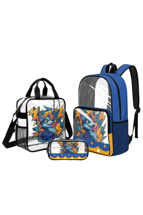 Cartoon Wolf Lightning Print Clear Backpack for Boys Girls, Kids Backpack Set with Lunch Box Pencil Bag PVC See Through Transparent Bookbag for School Stadium