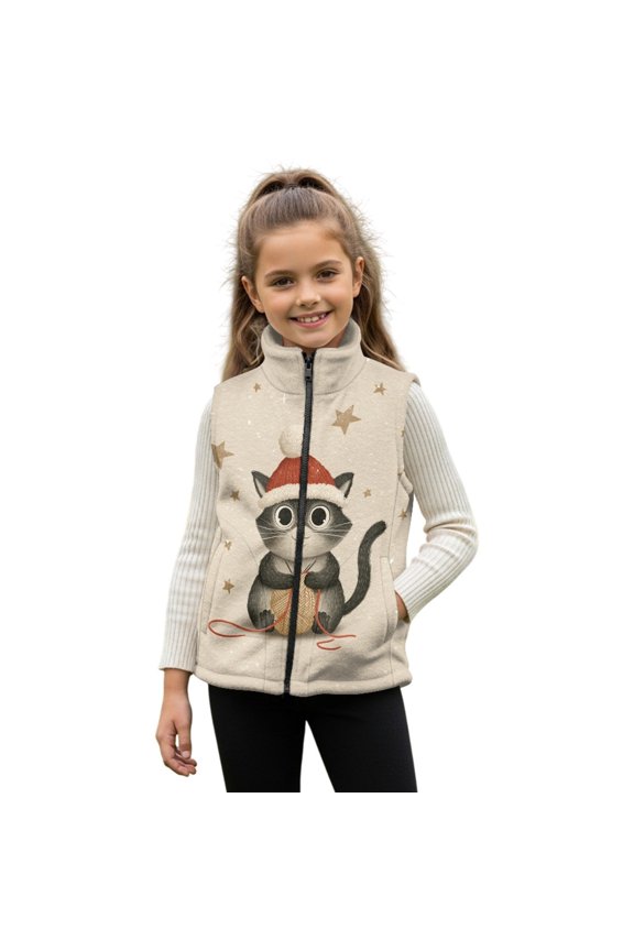 Cat Beige Pattern Girls Boys Zippered Vest Warm Soft Fleece Vest for Kids Sleeveless Stand Collar Jacket with Pockets Fall Winter Outerwear for 2T