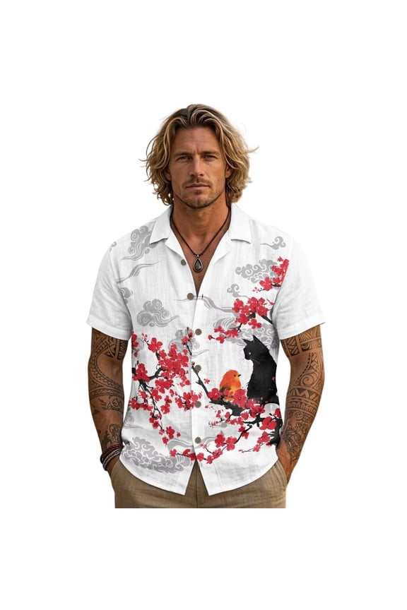 Cat Bird Plum Blossom White Print Men's Linen Short Sleeve Shirt Cuban Collar Button-down Shirt, Breathable Summer Casual Hawaiian Shirts for Beach Vacation, Medium