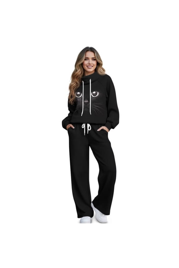Cat Black Print Womens Sweatsuits 2 Piece Outfits Long Sleeve Sweatshirt Wide Leg Sweatpants Matching Set Fall Winter Fashion Tracksuit Oversized, Medium
