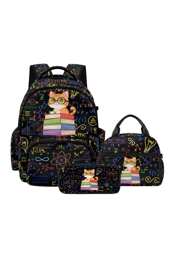 Cat Book Geometric Print Backpack for Girls Boys 3Pcs Kids Backpack with Lunch Box Pencil Case Set Kawaii Book Bag for Elementary Primary Middle School Bags