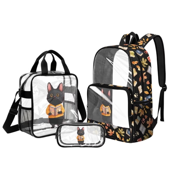 Xixirimido Cat Books & Leaves Print Clear Backpack for Boys Girls, 17 Inch Clear Backpack Set with Lunch Bag Pen Case PVC See Through Transparent Bookbag for School Travel
