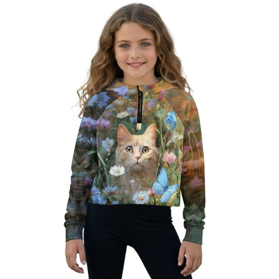 Xixirimido Cat Butterfly Daisy Floral Printed Girls' Hoodies Sweatshirts with Pocket Half Zipper Pullover Crop Tops for Teen Girls Long Sleeve Sweater Size 5-6
