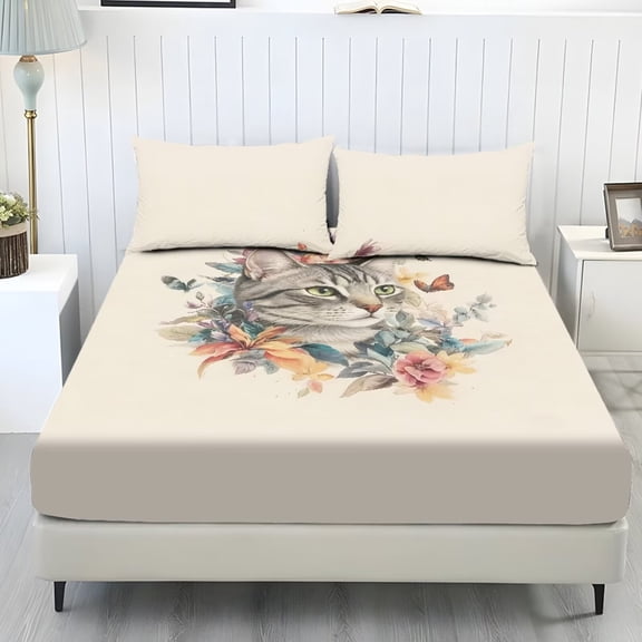 Xixirimido Cat Butterfly Floral Beige Print Bed Sheets Set 3 Piece Bedding Sheet Set, Comfy Non-Slip Bedsheet & Pillowcases Deep Pocket Fitted Sheet for Women Men, Twin Size