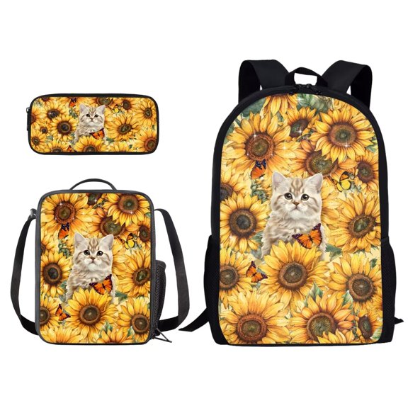 Xixirimido Cat Butterfly Sunflower Pattern 3 Pack Kids School Backpack Set for Teen Boys Girls Lunch Box Pencil Bag, Junior Schoolbag Bookbag for Students