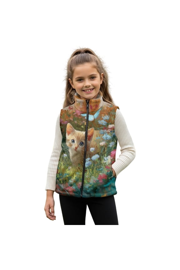 Cat Butterfly Vibrant Floral Pattern Boys Girls Full Zip Fleece Vest Sleeveless Stand Collar Outwear Warm Jacket with Pockets for 2T