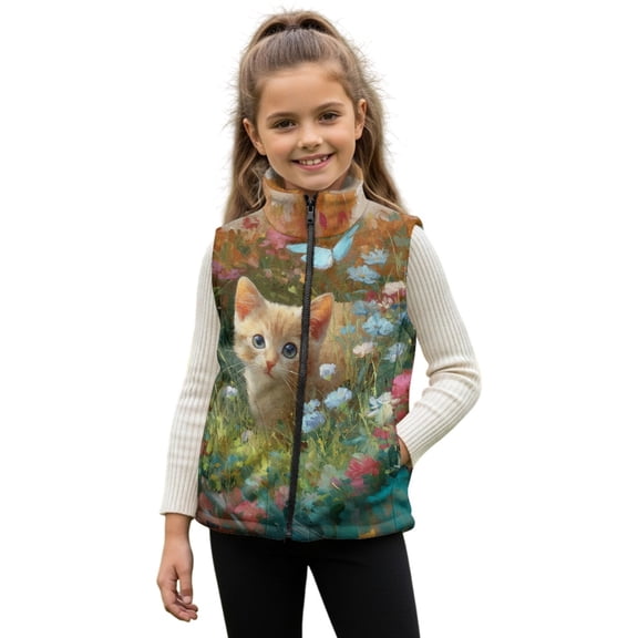 Xixirimido Cat Butterfly Vibrant Floral Pattern Boys Girls Full Zip Fleece Vest Sleeveless Stand Collar Outwear Warm Jacket with Pockets for 7-8