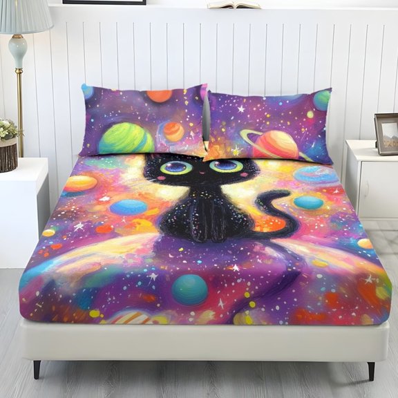 Xixirimido Cat Colorful Galaxy Planets Print Sheets Set - 3 Piece Soft Breathable Bed Sheet Set - Deep Pocket Non-Slip 1 Fitted Sheet and 2 Pillowcases for All Season, Twin Size