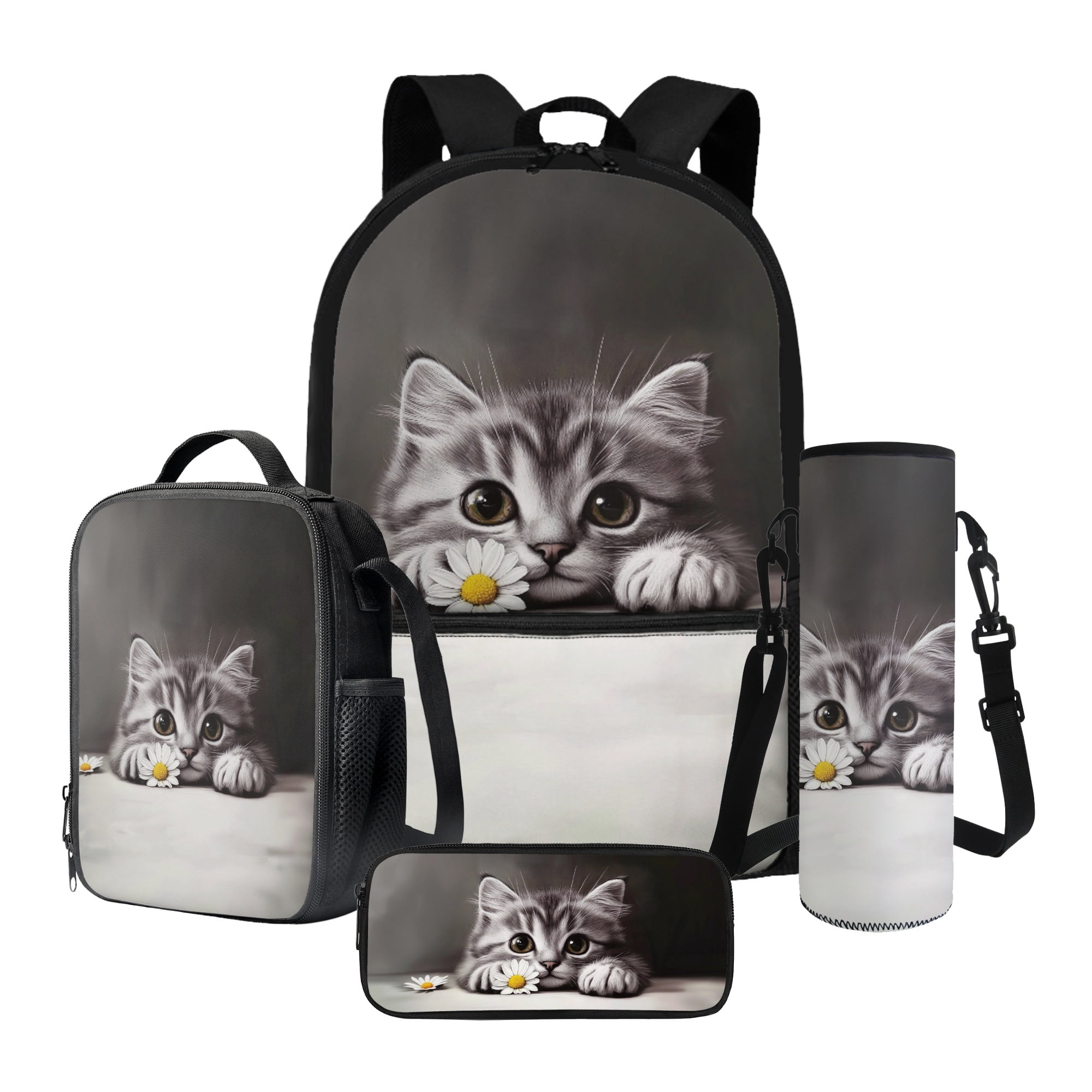 Xixirimido Cute Cat Daisy Pattern School Backpack with Lunch Box Pencil Pouch and Water Bottle Holder for Teen Kids Elementary Primary Middle High Xixirimido Cute Cat Daisy Pattern School Backpack with Lunch Box Pencil Pouch and Water Bottle Holder for Teen Kids Elementary Primary Middle High