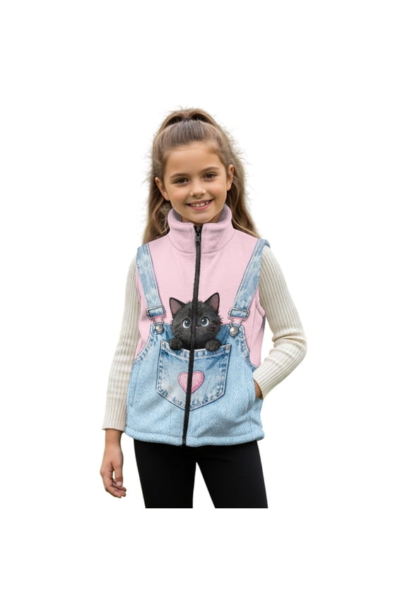 Cat Denim Pink Pattern Girls Full Zip Fleece Vest Sleeveless Stand Collar Outwear Warm Jacket with Pockets for 2T