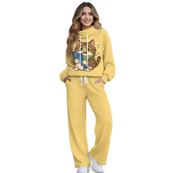 Xixirimido Cat Fish Yellow Print Womens Sweatsuits 2 Piece Lounge Sets Fall Fashion Outfit Long Sleeve Sweatshirt Wide Leg Sweatpants Matching Tracksuit Sets, X-Small
