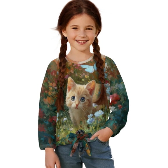 Xixirimido Cat & Flowers Pattern Girls Casual T-Shirt Crew Neck Tunic Tops Long Sleeve Loose Fit Soft Blouse Tie-hem Tees for Fall Winter, Size 9-10