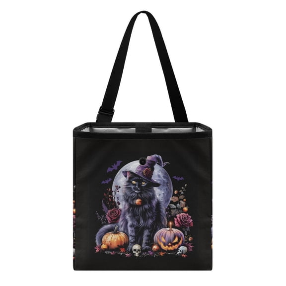 Xixirimido Cat Jack-O-Lantern Bat Skull Rose Pattern Car Trash Can Cute Collapsible Trash Bin for Car, Leak-Proof Organizer, Water Resistant Garbage Can Halloween Car Accessories 2 Gallons