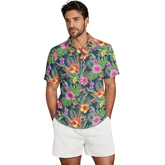 Xixirimido Cat Mountain Plum Blossom Print Men's Cuban Collar Linen Shirt, Short Sleeve Casual Button Down Summer Beach Vacation Shirts, Medium
