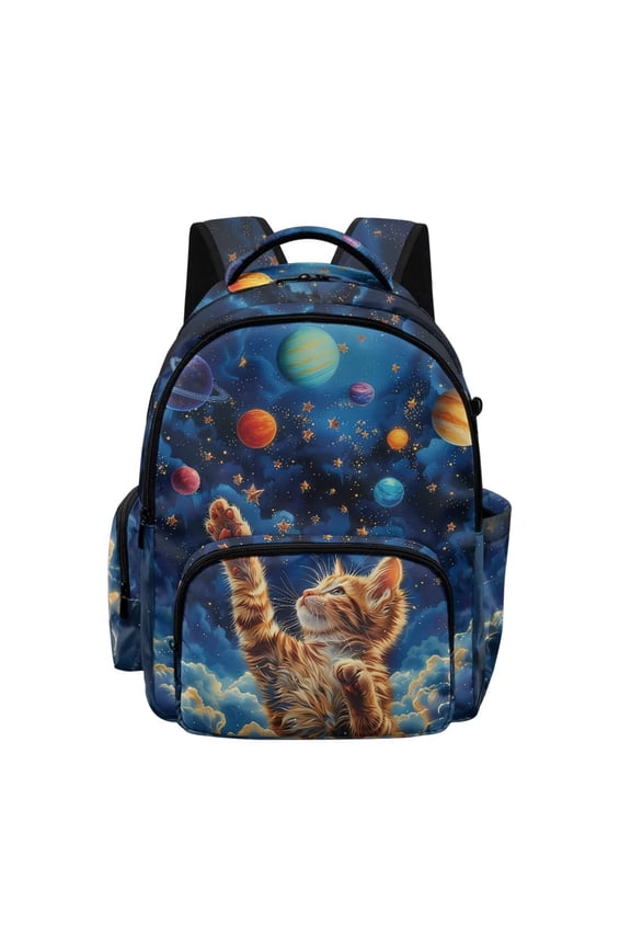 Cat Planets Space Galaxy Print 17" Multi Pockets Kids Backpack for Boys Lightweight School Bag Girls Large Bookbag for Elementary Middle High School Students