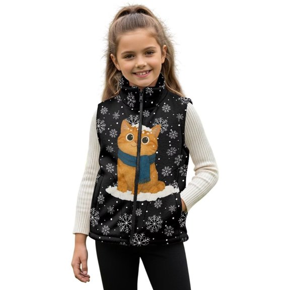 Xixirimido Cat Snowflake Black Pattern Girls Boys Fleece Vest Kids Zip-up Vest Sleeveless Stand Collar Jacket with Pockets Fall Winter Outerwear for 4T