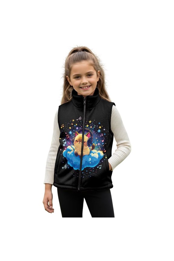 Cat Starry Cloud Music Notes Pattern Boys Girls Full Zip Fleece Vest Sleeveless Stand Collar Outwear Warm Jacket with Pockets for 4T