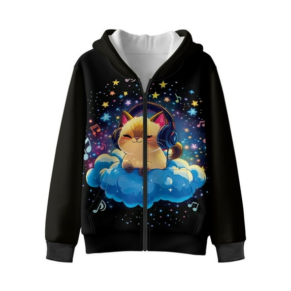 Xixirimido Cat Starry Cloud Music Notes Pattern Hoodies for Girls Boys Zip Up Hoodie Sweatshirt Teen Lightweight Fall Winter Jacket Casual Long Sleeve Pullover Top for 6-8 Years