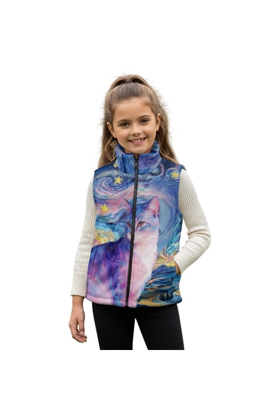 Cat Starry Night Pattern Boys Girls Fleece Vest Sleeveless Stand-up Collar Jacket with Pockets Full-Zip Fall Winter Warm Outerwear for 9-10