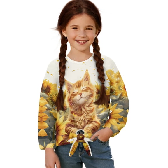 Xixirimido Cat and Sunflower Printed Girls Long Sleeve Shirts Casual T-shirt Loose Fit Tunic Tops Crewneck Tie-hem Blouse Tees for Fall Winter, Size 7-8