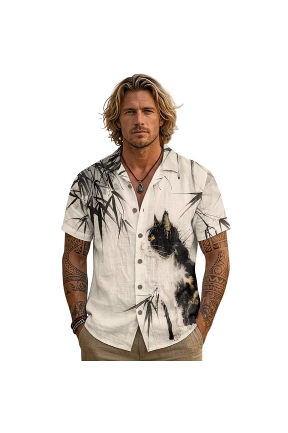 Cat Tree Leaf Print Men's Cuban Collar Linen Shirt, Short Sleeve Casual Button Down Summer Beach Vacation Shirts, Small
