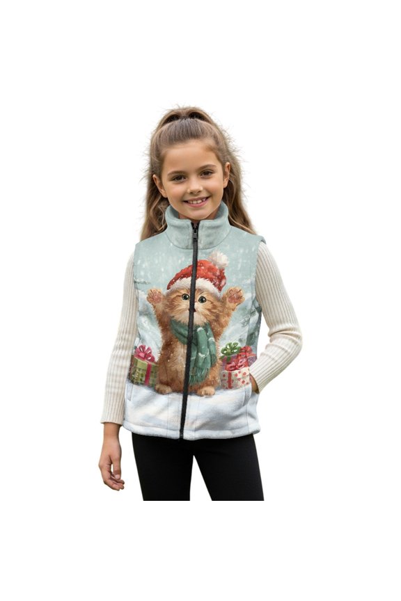 Cat with Christmas Hat Gifts Pattern Boys Girls Full Zip Fleece Vest Sleeveless Stand Collar Outwear Warm Jacket with Pockets for 2T