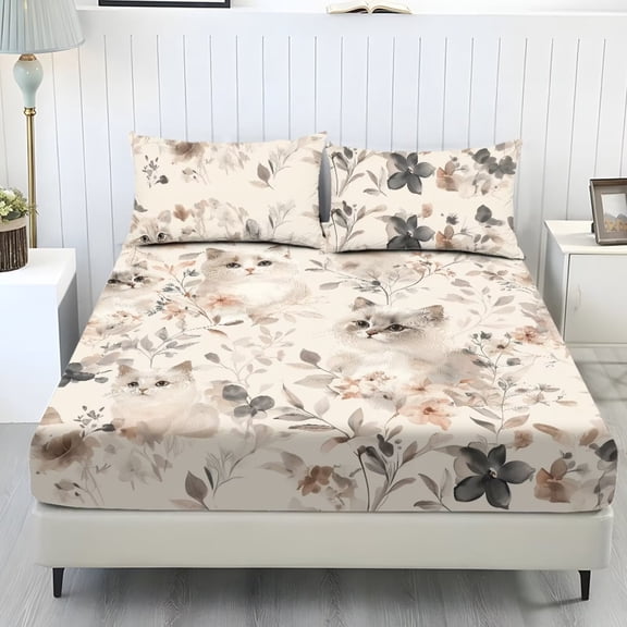 Xixirimido Cats Boho Floral Print Fitted Sheet with Pillowcases 3 Piece Set Deep Pocket Fitted Sheet for Bedroom Ultra Soft Fitted Bottom Sheet, Fade Resistant, Queen Size