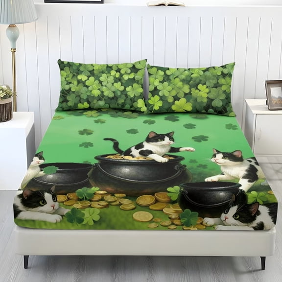 Xixirimido Cats Coins Shamrock Green Print 3Pcs Fitted Sheet Set Soft Bed Sheet with 2 Pillowcases Wrinkle Resistant Bedding Set for St. Ptrick's Day Decor Breathable Mattress Sheets, King Size
