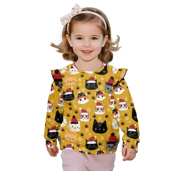 Xixirimido Cats & Paws Yellow Print Girls Toddler Sweatshirt Long Sleeve Ruffle Shoulder Pullover Sweater Graphic Crewneck Top Cozy Fall Winter Clothes, for 5-6Y