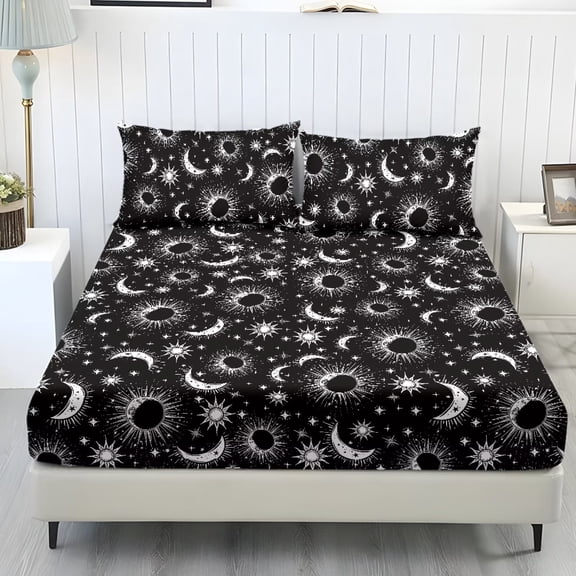 Xixirimido Celestial Sun Moon Stars Print 3-Piece Bedding Set Hotel Luxury - Deep Pocket Fitted Sheet & 2 Pillowcases - Ultra Soft & Wrinkle Resistant, Twin Size