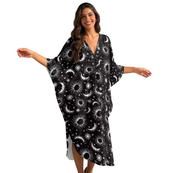 Xixirimido Celestial Sun Moon Stars Print Women Kaftan Dresses Plus Size Beach Cover Up Deep V-Neck Batwing Sleeves Swimsuit Coverups Summer Caftan Dress