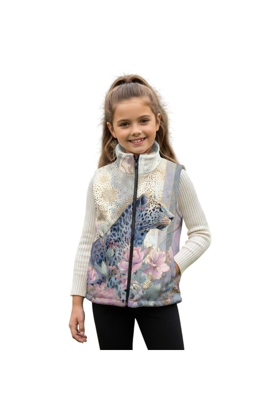 Cheetah Leopard Floral Pattern Boys Girls Full Zip Fleece Vest Sleeveless Stand Collar Outwear Warm Jacket with Pockets for 3T