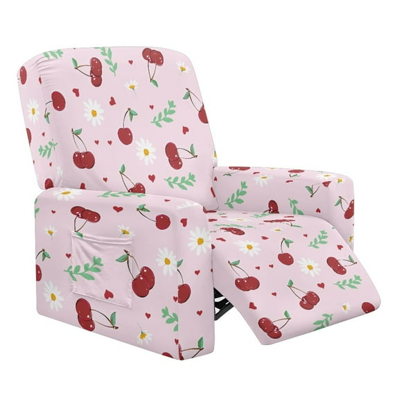 Xixirimido Cherries Daisy Pink Pattern Recliner Slipcovers with Arms 4 Pieces Lazyboy Recliner Chair Cover Non Slip Recliner Slip Covers for Recliner Chair with Storage Pockets Furniture Protector