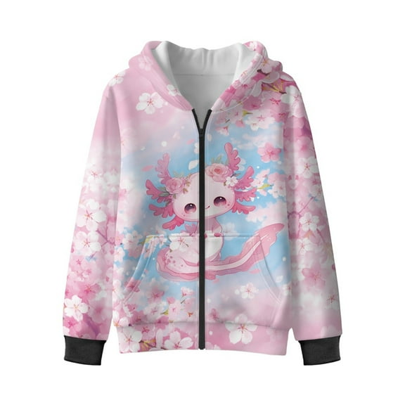 Xixirimido Cherry Blossom Axolotl Pink Printed Hoodies for Girls Zip Up Hoodie Sweatshirt Teen Lightweight Fall Winter Jacket Casual Long Sleeve Pullover Top Velvet Lining, 6-8 Years