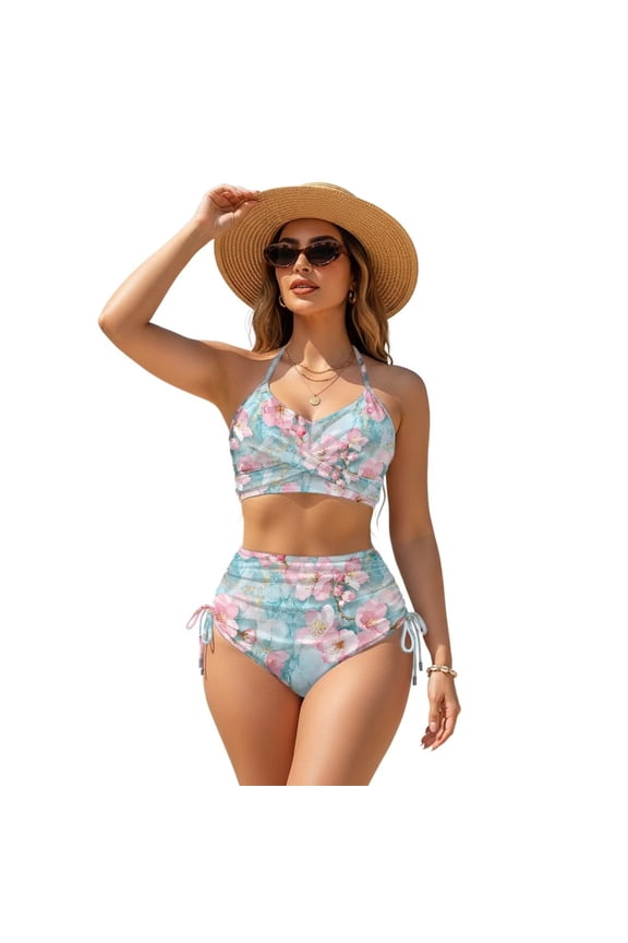Cherry Blossom Blue Marble Print Women's Two Piece High Waisted Bikini Set Tummy Control Swimsuit Crisscross Tie Back Bathing Suit for Summer Beach, 3XL