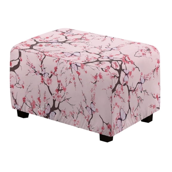 Xixirimido Cherry Blossom Floral Pattern Ottoman Slipcover Form-Fit Stretch Footstool Cover for Leather/Fabric Ottomans, Non-Slip Bottom & Living Room/Bedroom Use,Large