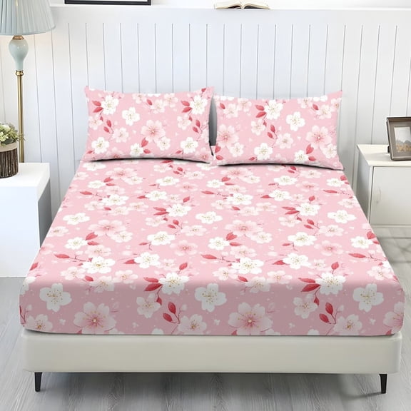 Xixirimido Cherry Blossom Floral Pink Print Bed Sheets Set 3 Piece Bedding Sheet Set, Comfy Non-Slip Bedsheet & Pillowcases Deep Pocket Fitted Sheet for Women Men, Twin Size