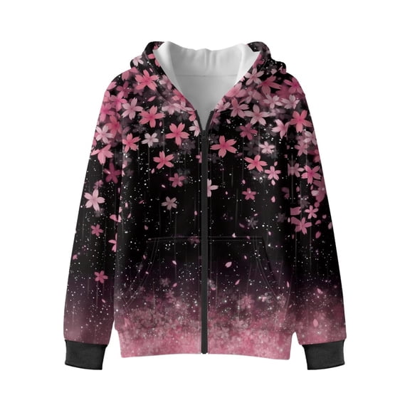 Xixirimido Cherry Blossom Printed Kids Zip Up Hoodies for Boys Girls 5D Graphic Hooded Sweatshirt Zipper Long Sleeve Pullover Top with Pockets Velvet Lining, 6-8 Years