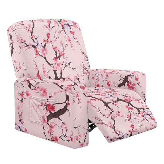 Xixirimido Cherry Blossoms Pink Pattern 4 Piece Recliner Chair Cover Stretch Lazy Boy Chair Covers with Pockets Soft Reclining Sofa Slipcovers Furniture Protector with Elastic Bottom