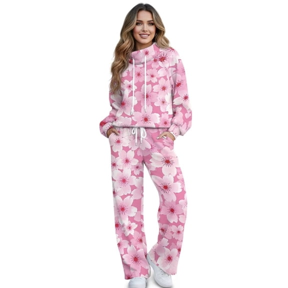 Xixirimido Cherry Blossoms Pink Print Sweatsuits for Women Plus Size 2 Piece Outfit Long Sleeve Sweatshirt Wide Leg Sweatpants Fall Winter Fashion Lounge Set Tracksuit, Medium