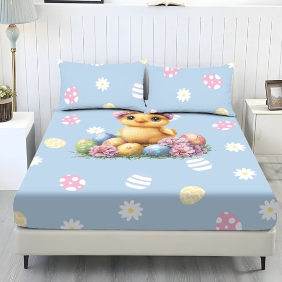 Xixirimido Chick Floral Easter Egg Blue Print Sheets Set - 3 Piece Soft Breathable Bed Sheet Set - Deep Pocket Non-Slip 1 Fitted Sheet and 2 Pillowcases for All Season, Twin Size
