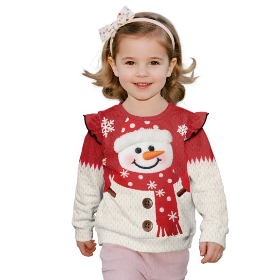 Xixirimido Christmas Cute Snowman Print Soft Toddler Girls Long Sleeve Sweatshirt Ruffle Shoulder Graphic Pullover Crewneck Top for Cool Weather, for 3-4T