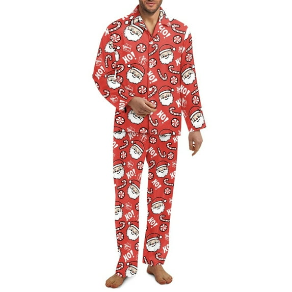 Xixirimido Christmas Santa Candycane Red Pattern Mens Pajama Set Soft Button Down Pajamas Long Sleeve Pjs Sleepwear Loungear Comfy Sleep Sets with Pockets, 4X-Large