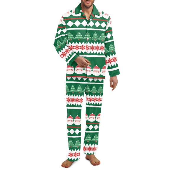 Xixirimido Christmas Themed Green Print Mens Pajama Set Soft Button Down Pajamas Long Sleeve Pjs Sleepwear Loungear Comfy Sleep Sets with Pockets, Small