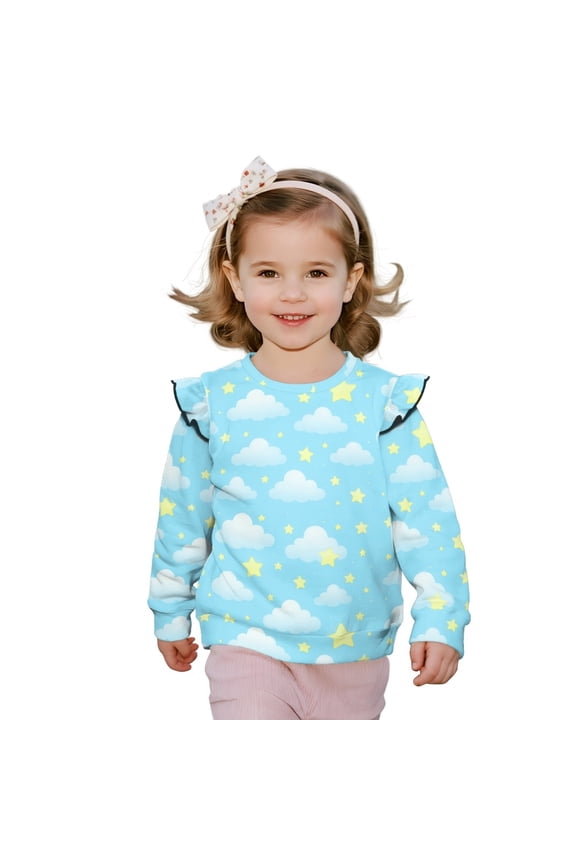 Cloud Stars Blue Print Ruffle Shoulder Toddler Girls Sweatshirt Long Sleeve Graphic Pullover Top Soft Crewneck Sweater Fall Winter Wear, for 4-5T