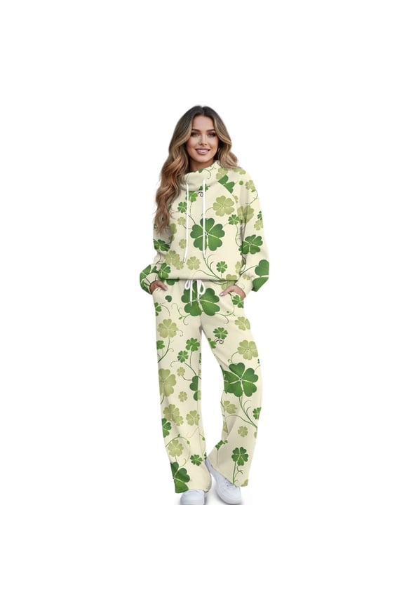 Clover Green Print Women 2 Piece Outfits Fall Fashion Airport Lounge Set Long Sleeve Sweatshirt Wide Leg Pants Travel Vacation Sweatsuits for St. Patrick's Day, X-Large