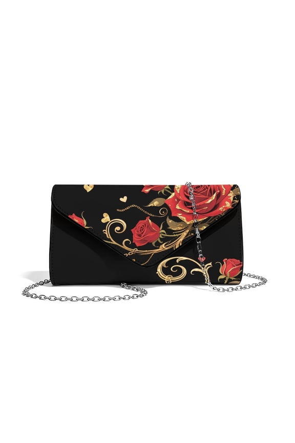 Clutch Purse for Women Formal Evening Bags for Wedding Party Cocktail Prom Leather Envelope Bag with Detachable Chain, Red Roses