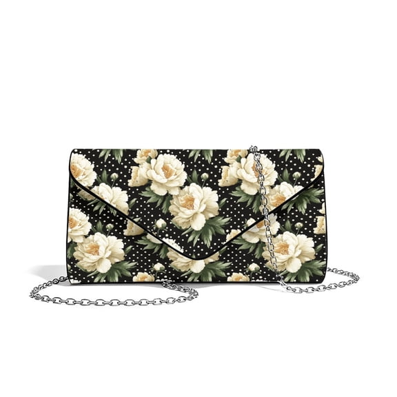 Xixirimido Clutch Purses for Women Evening Handbags for Formal Wedding Party Cocktail Prom Crossbody Envelope Bag with Detachable Chain, White Roses Dots