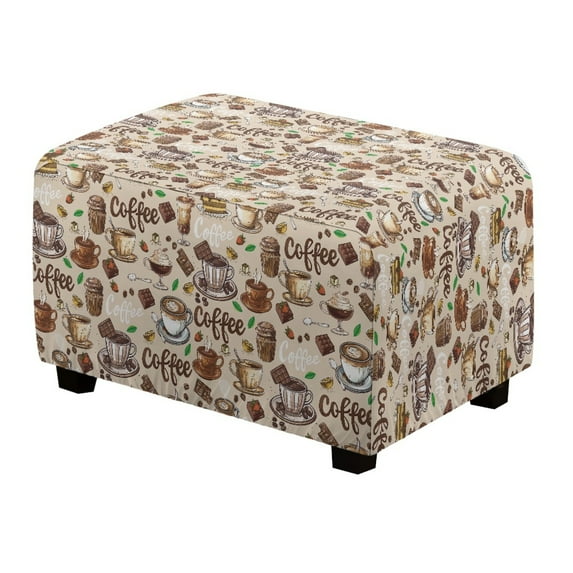 Xixirimido Coffee Theme Pattern Ottoman Cover Rectangle Storage Ottoman Slipcover Stretch Footrest Stool Covers with Elastic Band for Rectangle and Square Ottoman, Small
