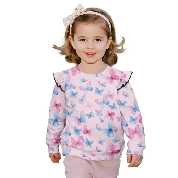 Xixirimido Colored Butterflies Pink Print Sweatshirt for Toddler Girls Ruffle Pullover Top Casual Long Sleeve Top Kids Graphic Crewneck Sweater Fall Winter Outfit, for 4-5T